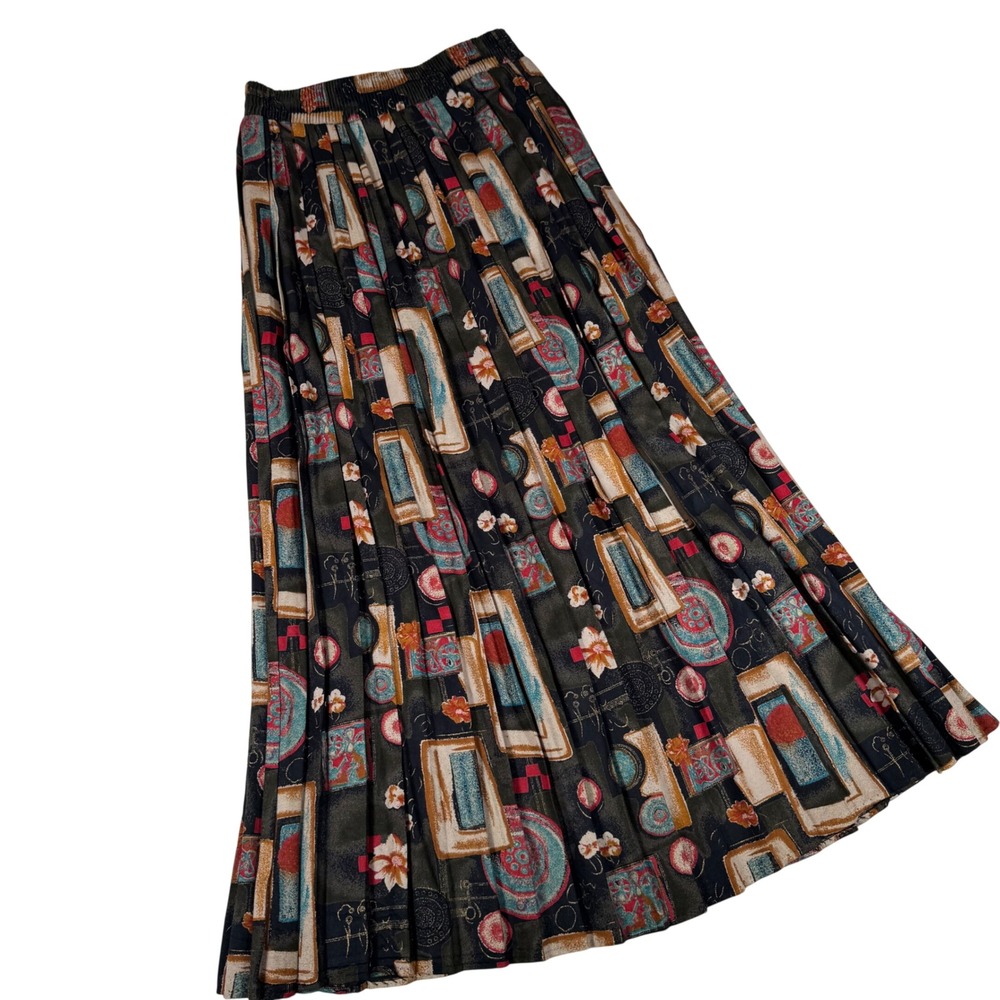 Maren Maxi Skirt Womens Medium Multi Color Abstract VTG Geometric Pleated 322965
